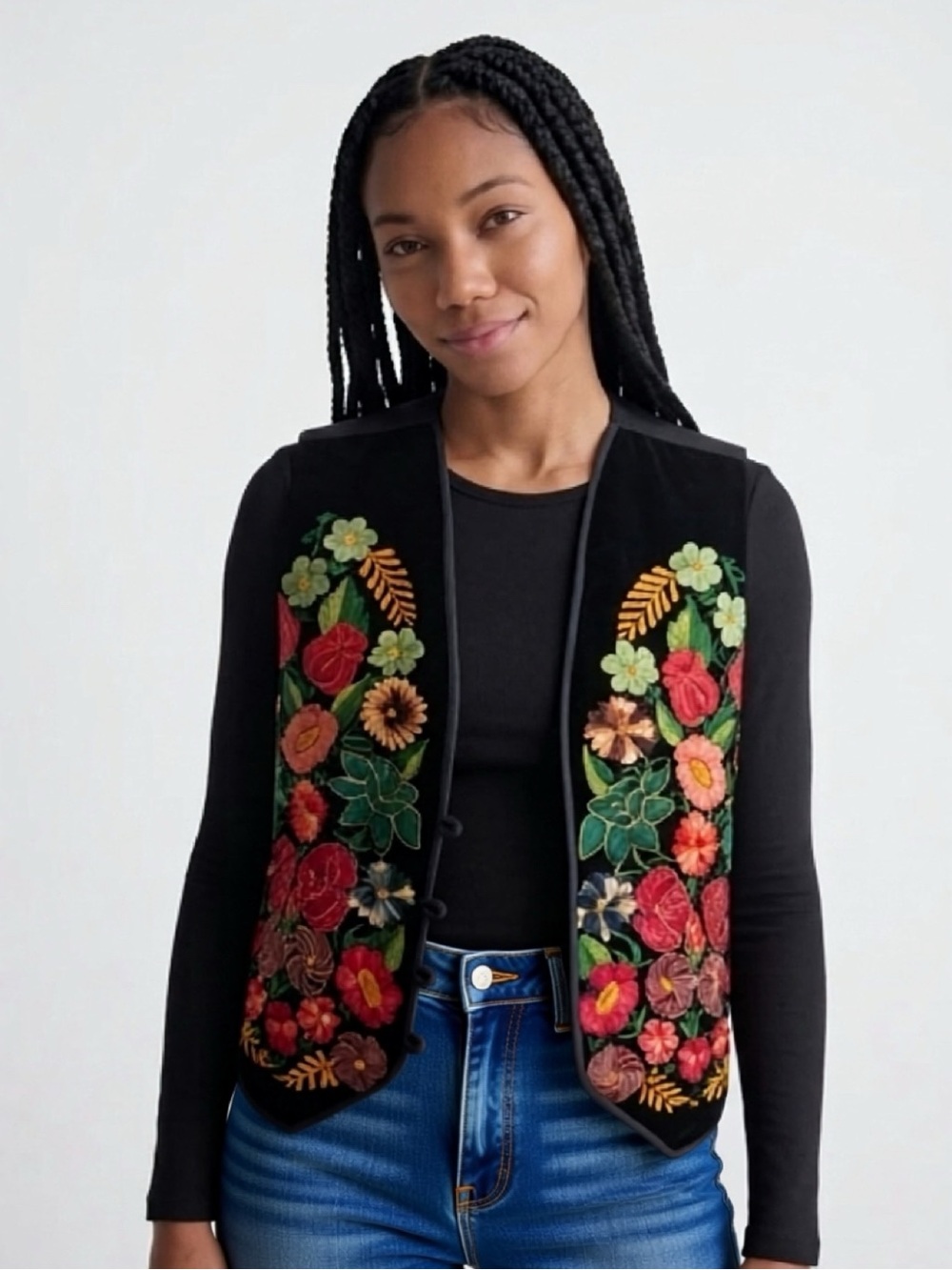 Vintage One Size Embroidered Floral Velvet Vest in Black with Multicolor Flowers